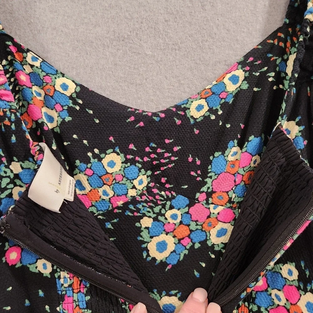 Anthropologie Floral Puff Sleeve Smocked Back Midi Dress Black Multicolor Size 4
